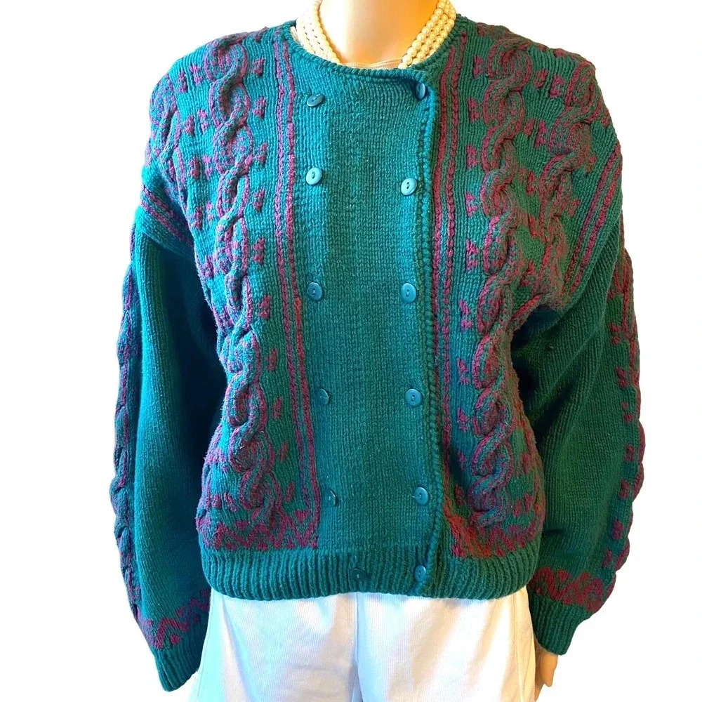 Robert Scott Rare Y2K Chunky Cable Knit Double Breasted Sweater Women Size M/L